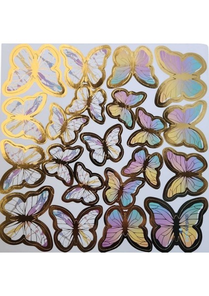 Macaron Renkli Gold Varaklı Kelebek Pasta Dekor Süs 42 Adet