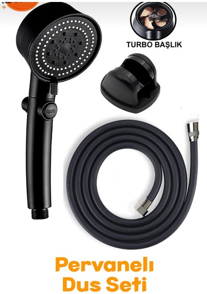 5 Fonksiyonlu Turbo Fanlı Pervaneli Lüks Duş Başlığı Siyah + Siyah Pvc Hortum