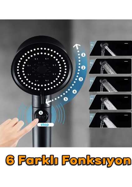 5 Fonksiyonlu Turbo Fanlı Pervaneli Lüks Duş Başlığı Siyah + Siyah Pvc Hortum
