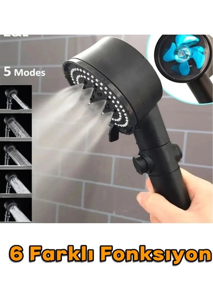 5 Fonksiyonlu Turbo Fanlı Pervaneli Lüks Duş Başlığı Siyah + Siyah Pvc Hortum