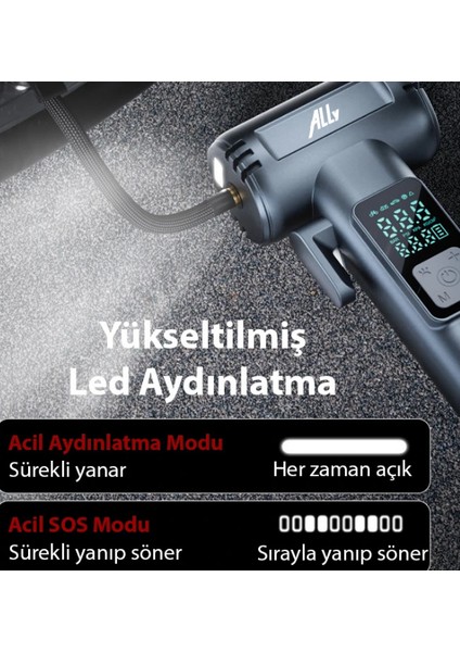 Dijital Şarjlı Araç Lastik Hava Şişirme Pompası Power Bank Penere Kırıcı
