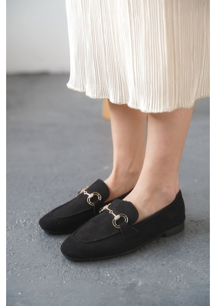 Kadın Nicol Tokalı Düz Babet - Siyah Süet