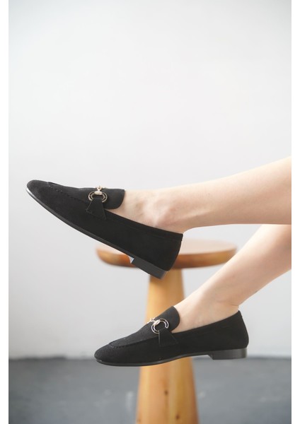 Kadın Nicol Tokalı Düz Babet - Siyah Süet fırsatları