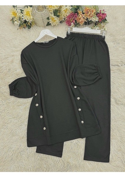 Yanları Düğme Detaylı Yuvarlak Yaka Ikili Takım
