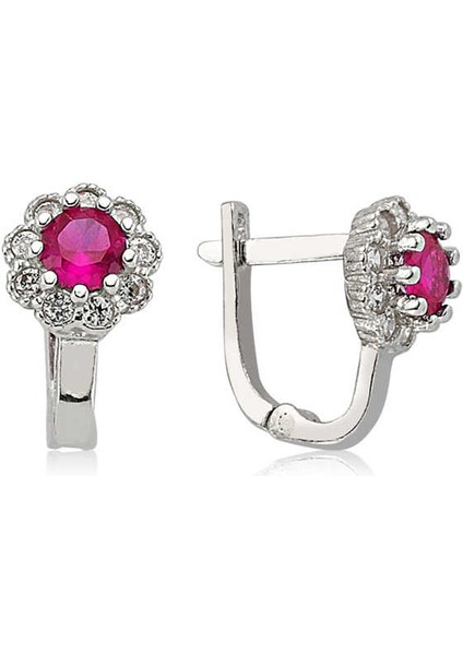 925 Ayar Gümüş Pembe Taşlı Çiçek Küpe modelleri