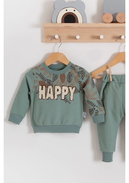 3-18 Ay Erkek Bebek Takımı Happy Yaprak 2'li Yeşil