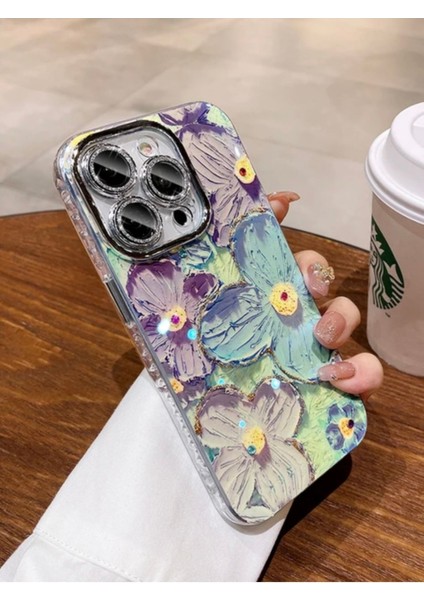 iPhone 15 Plus Çiçekli Yağlı Boya Tasarım Hologram Kılıf