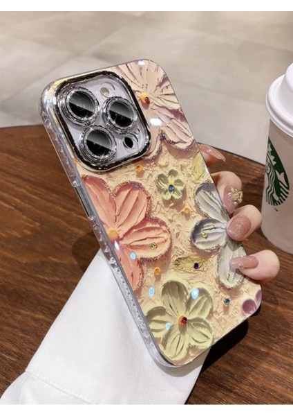iPhone 14 Pro Max Çiçekli Yağlı Boya Tasarım Hologram Kılıf