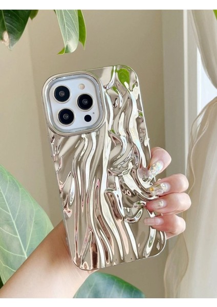Iphone 13 Pro Uyumlu 3D Su Dalgalanma Desenli Kabartmalı Water Ripple Gümüş Kamera Koruyuculu Kılıf