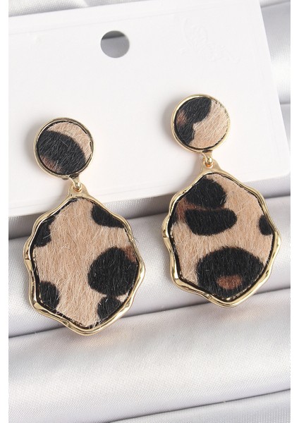 Pirinç Gold Renk Sallantı Leopar Desen Plaka Model Kadın Küpe
