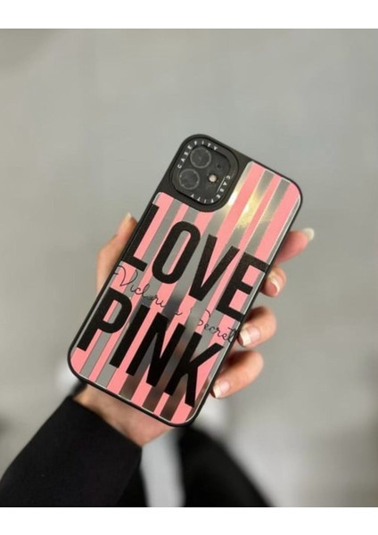 Iphone 14 Pro Max Love Pink Yazılı Gri Pembe Desenli Darbe Önleyici Kılıf