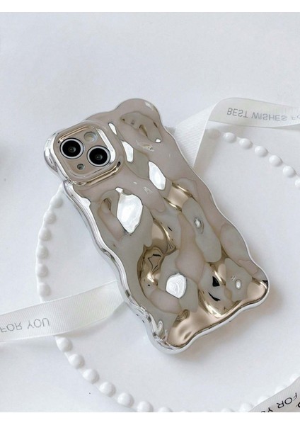 Iphone 15 Pro Uyumlu 3D Lüx Su Damla Desenli Kabartmalı Parlak Metalik Gümüş Kamera Koruyucu Kılıf modelleri