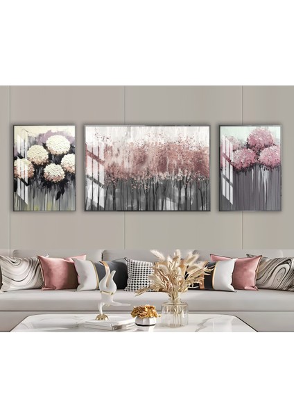 Harikabirev|pembe-Gümüş Soft Çiçek Kombini |çerçeveli Temperli Cam Tablo 3lü Yatay