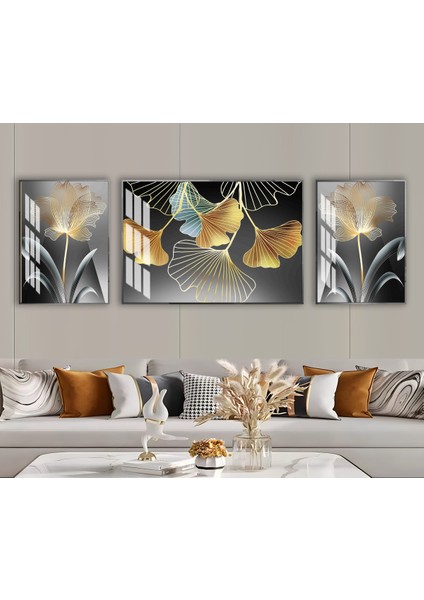 Harikabirev|gold-Siyah Bitki Çiçek Kombini |çerçeveli Temperli Cam Tablo 3lü Yatay