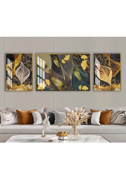 Harikabirev|gold-Siyah Yaprak Çiçek Kombini 01 |çerçeveli Temperli Cam Tablo 3lü Yatay