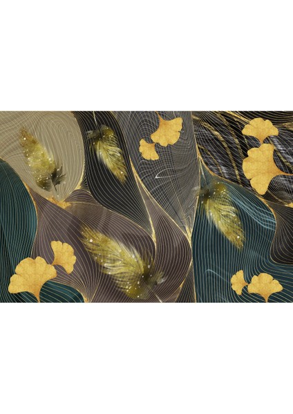 Harikabirev|gold-Siyah Yaprak Çiçek Kombini 01 |çerçeveli Temperli Cam Tablo 3lü Yatay modelleri