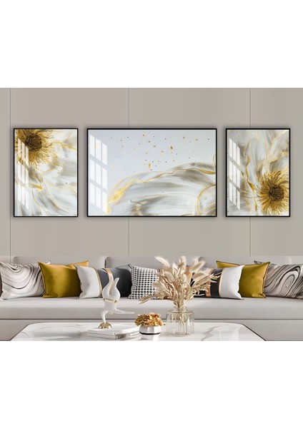 Harikabirev|soft Beyaz-Gold Çiçek Detay Kombini |çerçeveli Temperli Cam Tablo 3lü Yatay