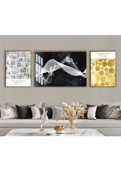 Harikabirev|gold-Gümüş Soyut Şekilli Kombini |çerçeveli Temperli Cam Tablo 3lü Yatay