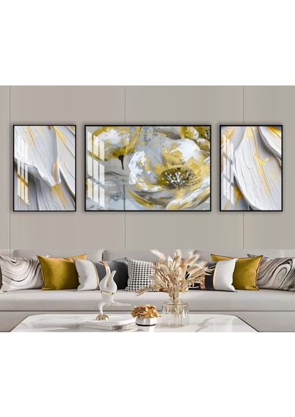 Harikabirev|soft Renk Beyaz-Gold Minimal Çiçek Kombini |çerçeveli Temperli Cam Tablo 3lü Yatay