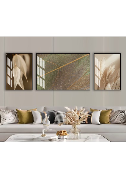 Harikabirev|soft Krem-Yeşil Yaprak Bitki Kombini |çerçeveli Temperli Cam Tablo 3lü Yatay