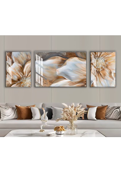 Harikabirev|beyaz-Turuncu Çiçek Detay Kombini |çerçeveli Temperli Cam Tablo 3lü Yatay