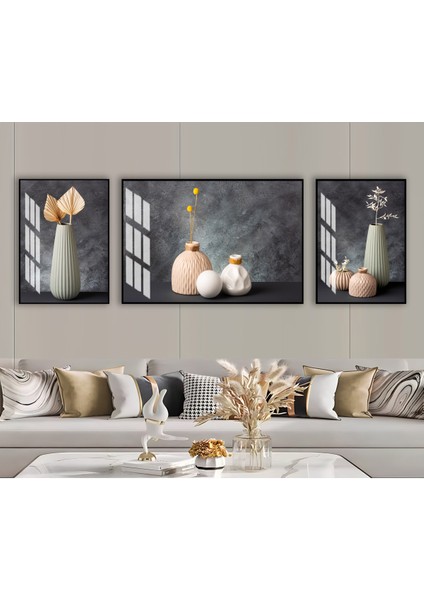 Harikabirev|dekorasyon Saksılı Yaprak Kombini |çerçeveli Temperli Cam Tablo 3lü Yatay