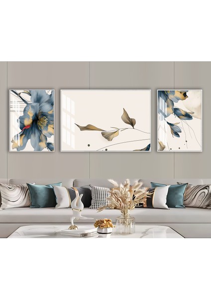 Harikabirev|gold-Mavi Çiçek Detaylı Kombini |çerçeveli Temperli Cam Tablo 3lü Yatay
