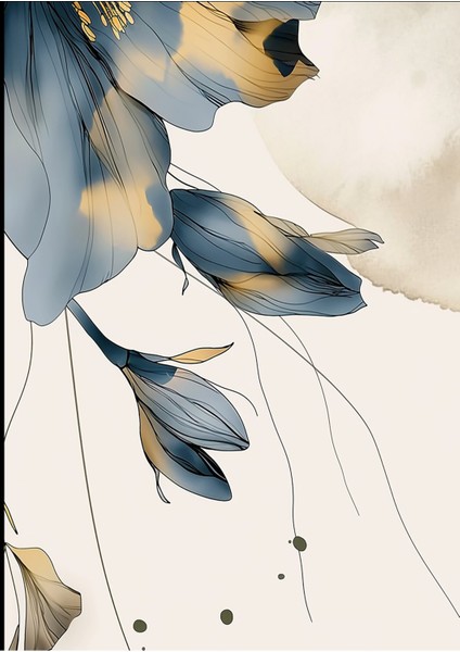 Harikabirev|gold-Mavi Çiçek Detaylı Kombini |çerçeveli Temperli Cam Tablo 3lü Yatay fırsatları