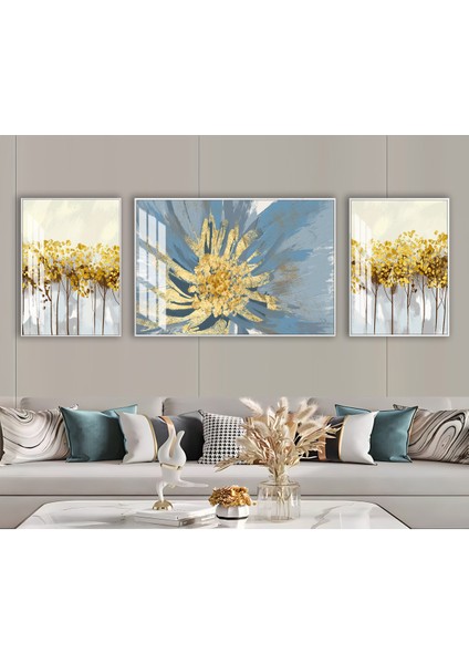 Harikabirev|soft Mavi-Gold Çiçek Ağaç Kombini |çerçeveli Temperli Cam Tablo 3lü Yatay