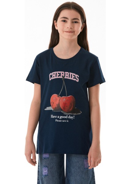 %100 Pamuk Kiraz Baskılı Bisiklet Yaka Kız Çocuk Tişört