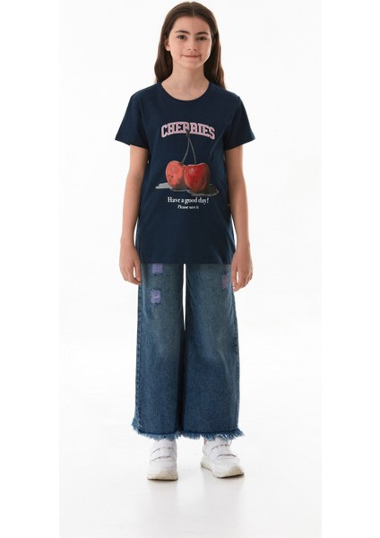 %100 Pamuk Kiraz Baskılı Bisiklet Yaka Kız Çocuk Tişört indirimleri