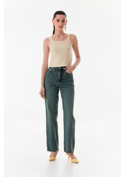 Yüksek Bel Düğmeli Wide Leg Jean