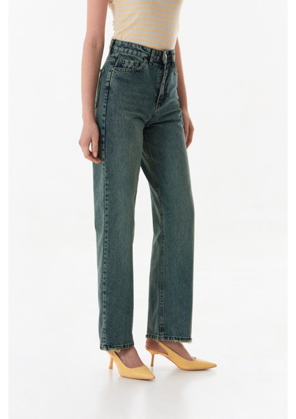 Yüksek Bel Düğmeli Wide Leg Jean