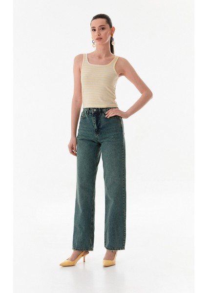 Yüksek Bel Düğmeli Wide Leg Jean