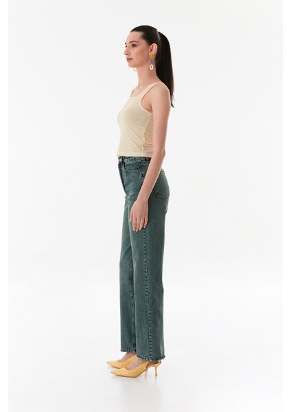 Yüksek Bel Düğmeli Wide Leg Jean