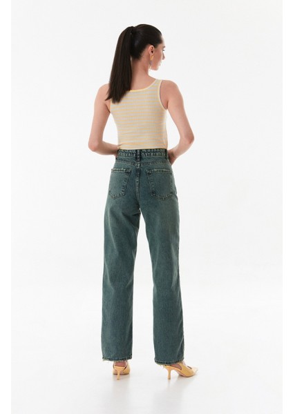 Yüksek Bel Düğmeli Wide Leg Jean