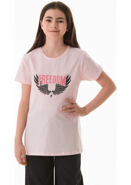 %100 Pamuk Freedom Yazı Baskılı Kız Çocuk Tişört