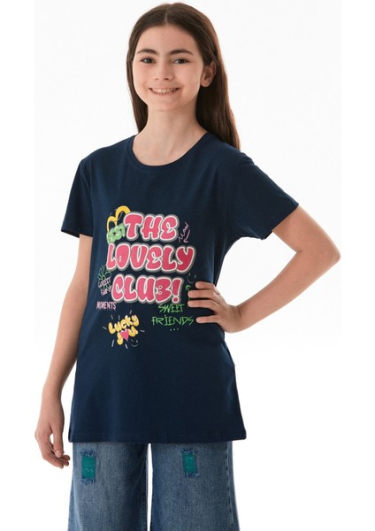 %100 Pamuk Yazı Baskılı Bisiklet Yaka Kız Çocuk Tişört