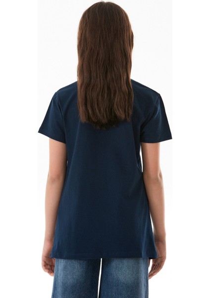 %100 Pamuk Yazı Baskılı Bisiklet Yaka Kız Çocuk Tişört modelleri