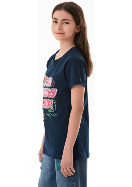 %100 Pamuk Yazı Baskılı Bisiklet Yaka Kız Çocuk Tişört fırsatları