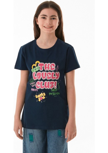 %100 Pamuk Yazı Baskılı Bisiklet Yaka Kız Çocuk Tişört indirimleri