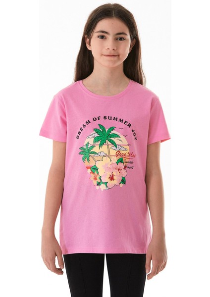 %100 Pamuk Palmiye Baskılı Kız Çocuk Tişört