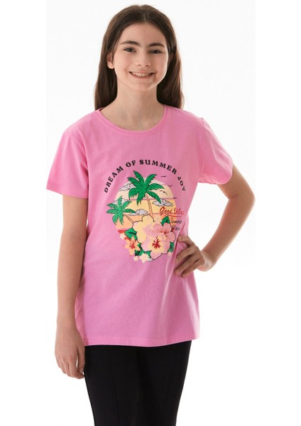 %100 Pamuk Palmiye Baskılı Kız Çocuk Tişört indirimleri