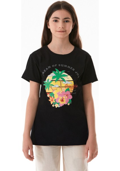 %100 Pamuk Palmiye Baskılı Kız Çocuk Tişört