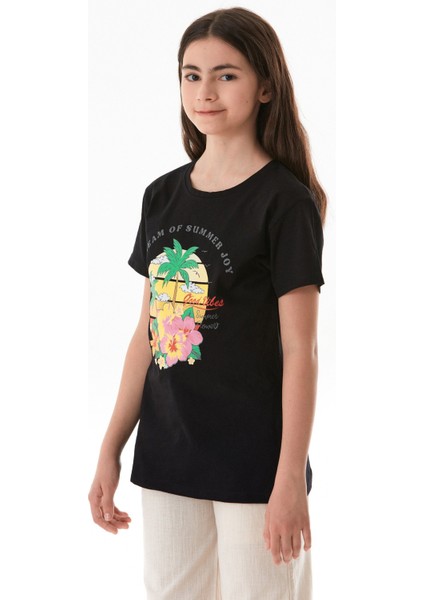 %100 Pamuk Palmiye Baskılı Kız Çocuk Tişört fırsatları