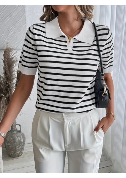 Kadın Çizgi Desen Ekru Kısa Kollu Polo Yaka Triko Bluz modelleri