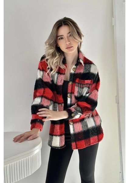 Kırmızı Buklet Cepli Zincir Taşlı Gömlek