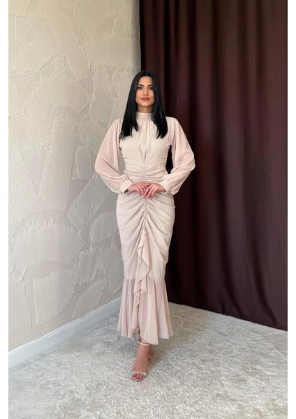 Bej Önü Büzgülü Şifon Elbise