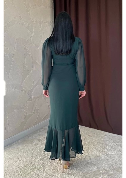 Zümrüt Önü Büzgülü Şifon Elbise
