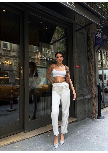 Kadın Duble Paça Taba Kemerli Ekru Keten Pantolon
